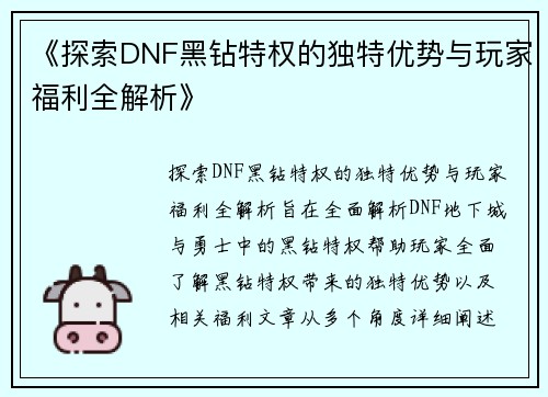 《探索DNF黑钻特权的独特优势与玩家福利全解析》