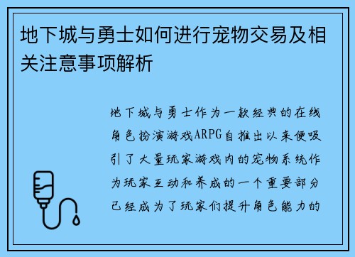 地下城与勇士如何进行宠物交易及相关注意事项解析